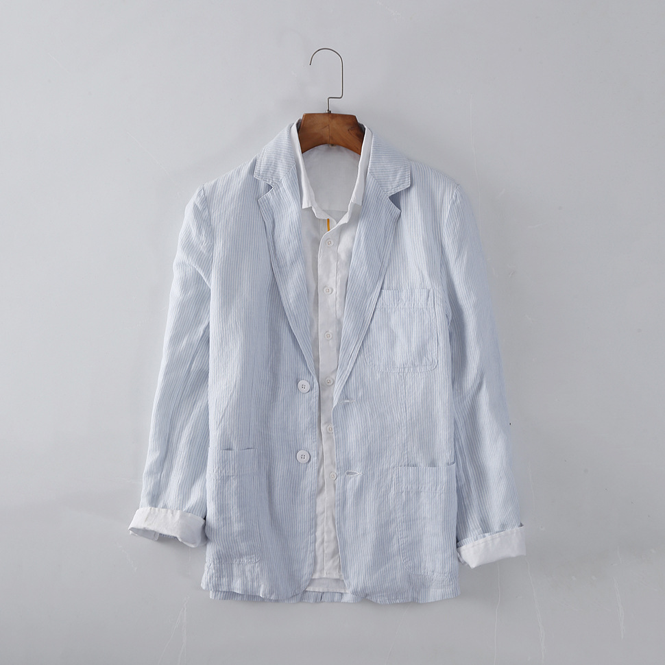 Mens Linen Striped Blazer Breathable Loose Casual