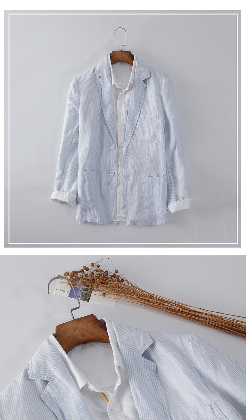 Mens Linen Striped Blazer Breathable Loose Casual