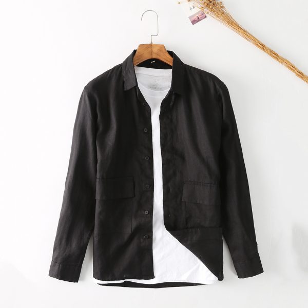 Mens Linen Shirt Loose Breathable Minimalist Long Sleeve Button Pockets
