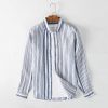 Mens Striped Linen Long Sleeve Button Down Loose Breathable Shirt