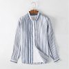 Mens Striped Linen Long Sleeve Button Down Loose Breathable Shirt