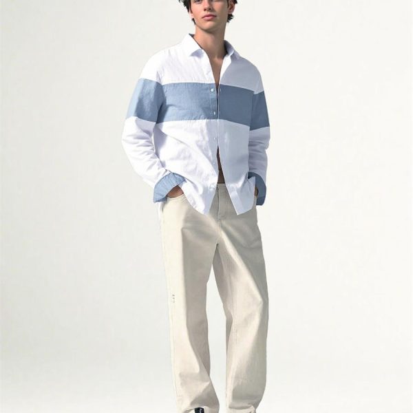 Mens Colorblock Linen Shirt LS Loose Airy White Blue