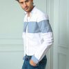 Mens Colorblock Linen Shirt LS Loose Airy White Blue