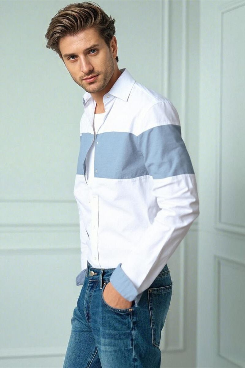 Mens Colorblock Linen Shirt LS Loose Airy White Blue