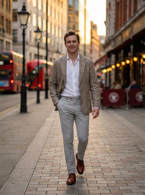 Mens Linen Blazer Breathable Loose Fit Khaki Multi Pocket Casual Jacket