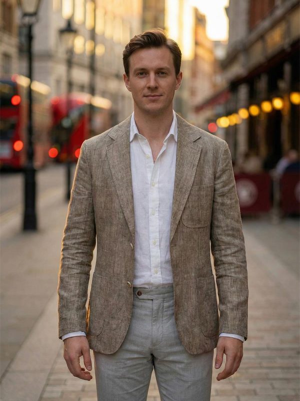 Mens Linen Blazer Breathable Loose Fit Khaki Multi Pocket Casual Jacket