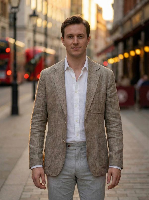 Mens Linen Blazer Breathable Loose Fit Khaki Multi Pocket Casual Jacket