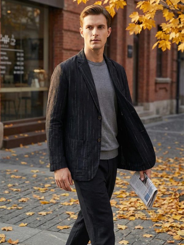 Mens Linen Casual Blazer Loose Fit Breathable Multi Pocket