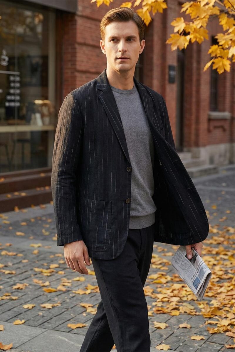 Mens Linen Casual Blazer Loose Fit Breathable Multi Pocket