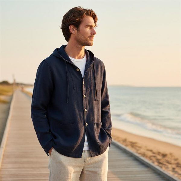 Mens Linen Hooded Shirt Loose Breathable Casual SandWashed Pocket