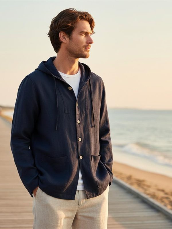 Mens Linen Hooded Shirt Loose Breathable Casual SandWashed Pocket