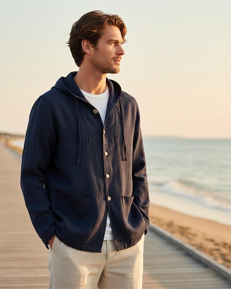 Mens Linen Hooded Shirt Loose Breathable Casual SandWashed Pocket
