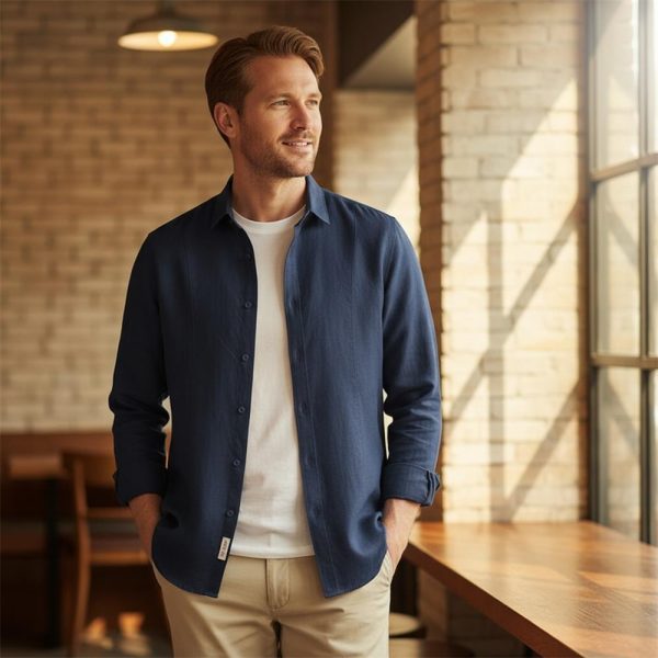 Mens Linen Shirt Long Sleeve Loose Fit Spread Collar Solid Breathable