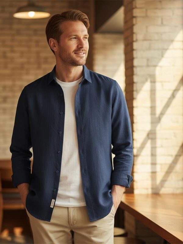 Mens Linen Shirt Long Sleeve Loose Fit Spread Collar Solid Breathable