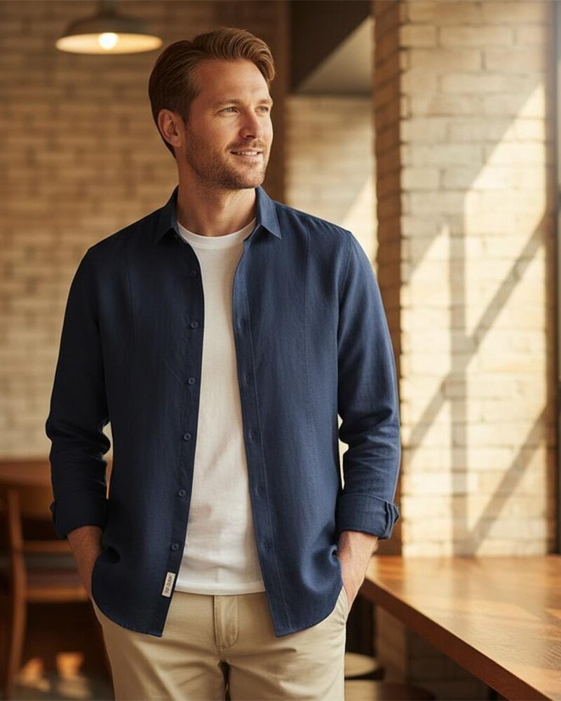 Mens Linen Shirt Long Sleeve Loose Fit Spread Collar Solid Breathable