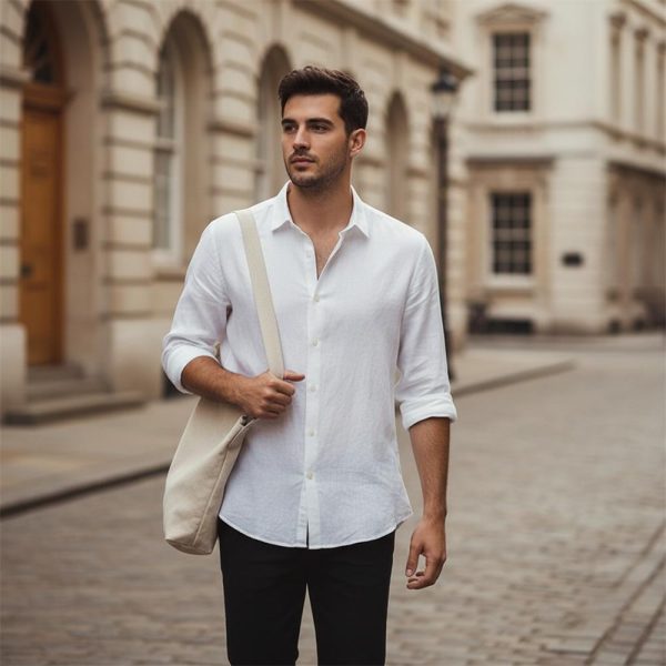 Mens Linen Shirt Long Sleeve Loose Fit Spread Collar Solid Breathable