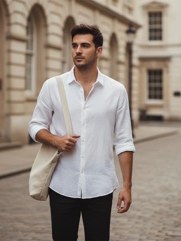 Mens Linen Shirt Long Sleeve Loose Fit Spread Collar Solid Breathable