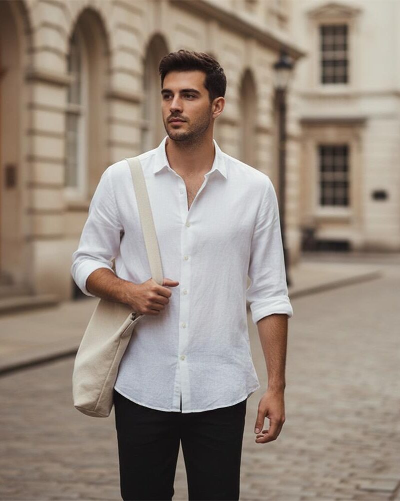 Mens Linen Shirt Long Sleeve Loose Fit Spread Collar Solid Breathable