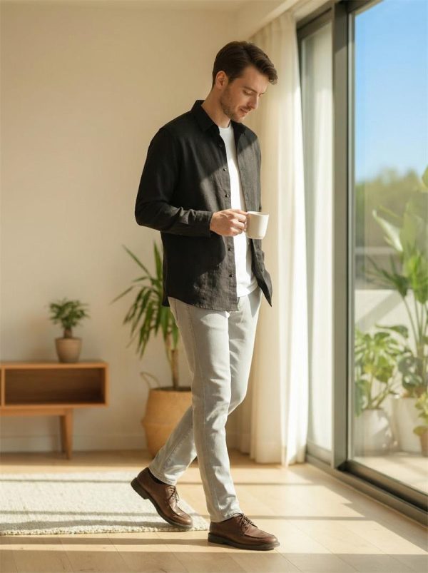 Mens Linen Shirt Loose Breathable Minimalist Long Sleeve Button Pockets