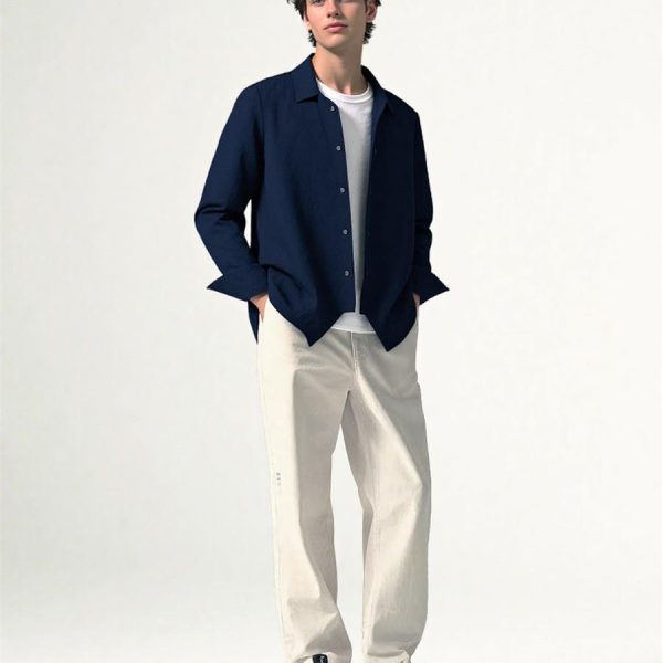 Mens Linen Shirt Loose Fit Button Down Long Sleeve Breathable