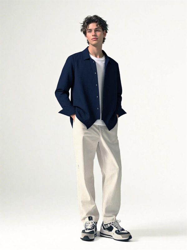 Mens Linen Shirt Loose Fit Button Down Long Sleeve Breathable