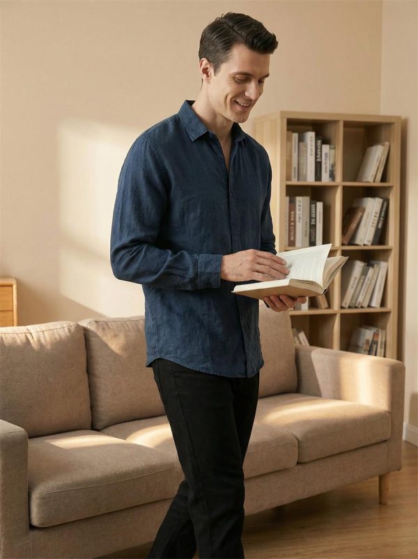 Mens Linen Shirt Loose Long Sleeve Pointed Collar Stone Washed Casual