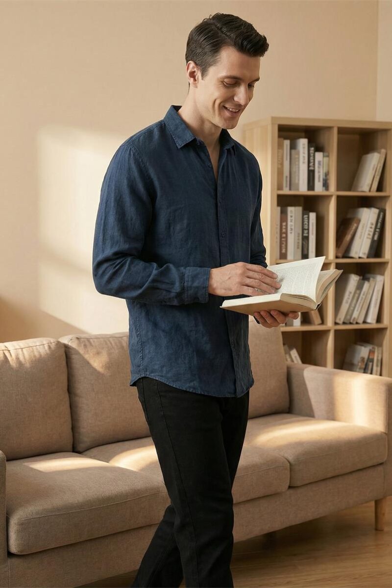 Mens Linen Shirt Loose Long Sleeve Pointed Collar Stone Washed Casual