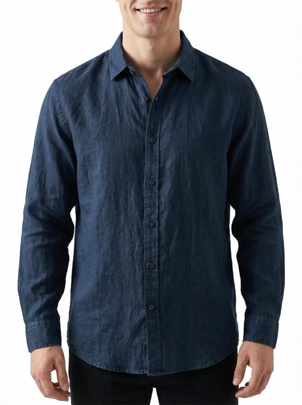 Mens Linen Shirt Loose Long Sleeve Pointed Collar Stone Washed Casual