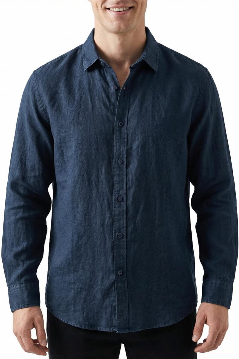 Mens Linen Shirt Loose Long Sleeve Pointed Collar Stone Washed Casual