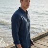 Mens Linen Shirt Loose Long Sleeve Pointed Collar Stone Washed Casual