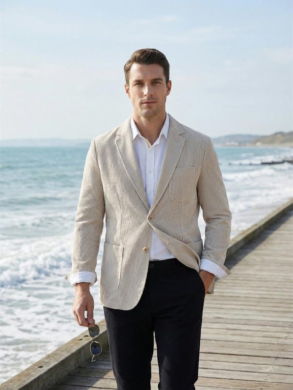 Mens Linen Striped Blazer Breathable Loose Casual