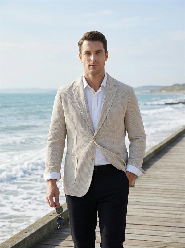 Mens Linen Striped Blazer Breathable Loose Casual