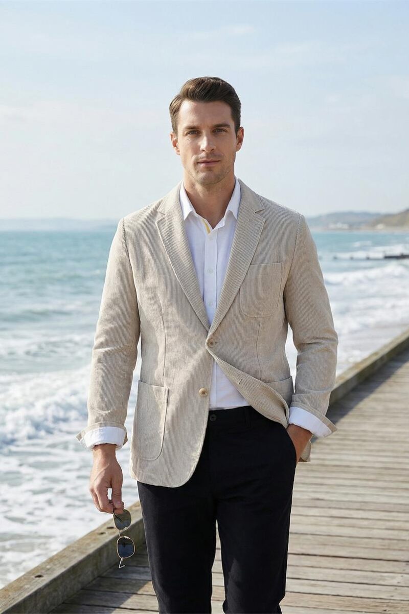 Mens Linen Striped Blazer Breathable Loose Casual