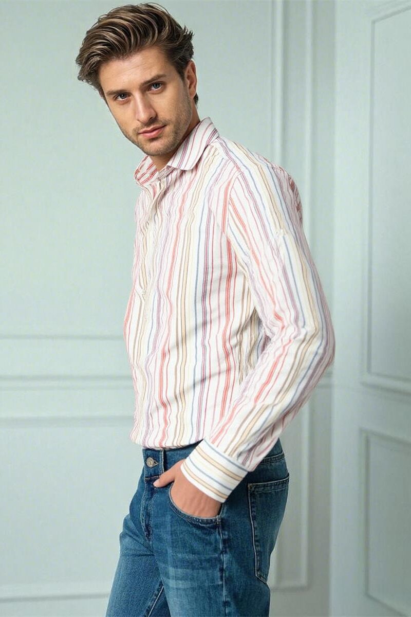 Mens Linen Striped Breathable Loose LS Shirt Fresh