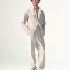 Mens Linen Striped Breathable Loose LS Shirt Fresh