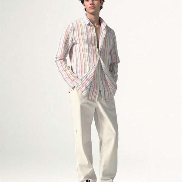 Mens Linen Striped Breathable Loose LS Shirt Fresh