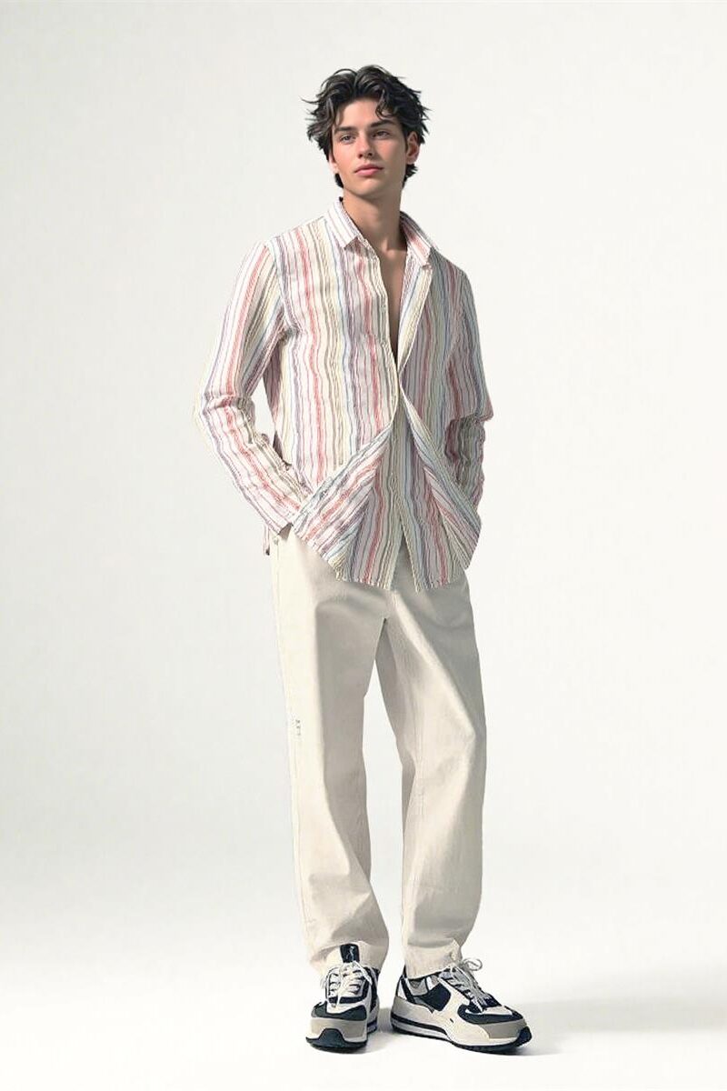 Mens Linen Striped Breathable Loose LS Shirt Fresh