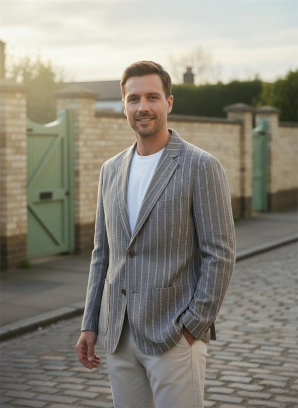 Mens Linen Striped Casual Blazer Loose Fit Breathable