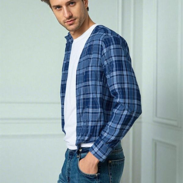 Mens Loose Fit Plaid Linen Shirt Long Sleeve Breathable Casual Spring