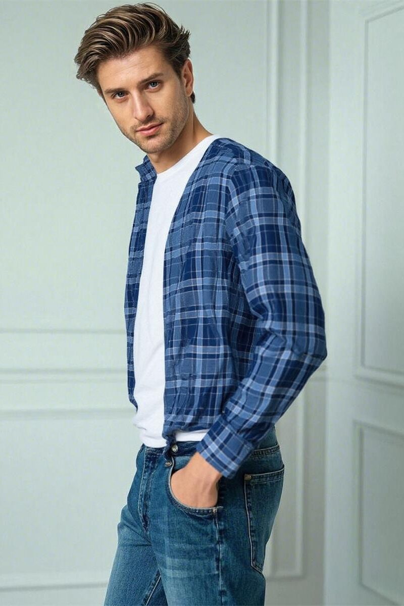 Mens Loose Fit Plaid Linen Shirt Long Sleeve Breathable Casual Spring