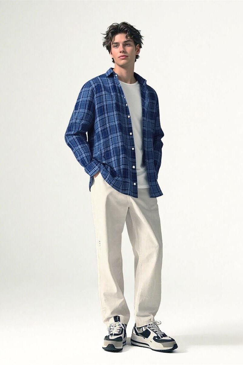 Mens Loose Fit Plaid Linen Shirt Long Sleeve Breathable Casual Spring