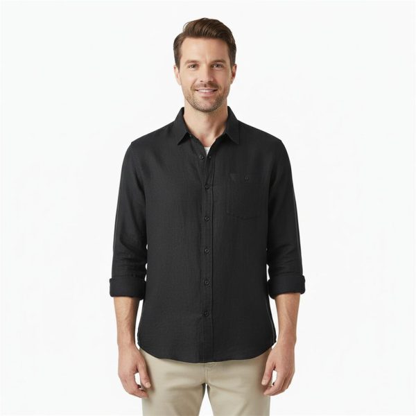 Mens Loose Linen Long Sleeve Shirt Turn-down Breathable Stone Wash