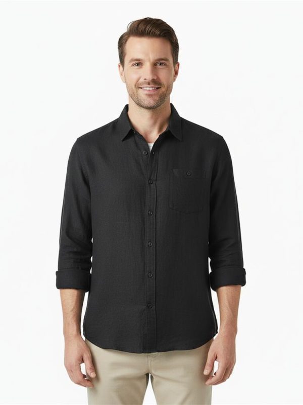 Mens Loose Linen Long Sleeve Shirt Turn-down Breathable Stone Wash