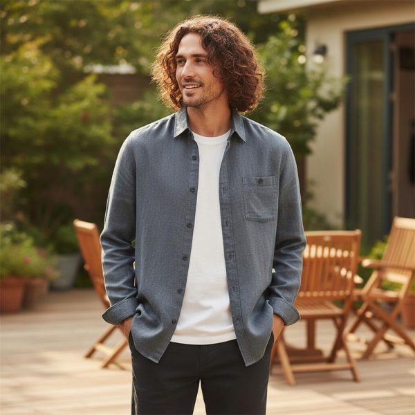 Mens Loose Linen Long Sleeve Shirt Turn-down Breathable Stone Wash