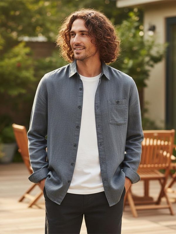 Mens Loose Linen Long Sleeve Shirt Turn-down Breathable Stone Wash