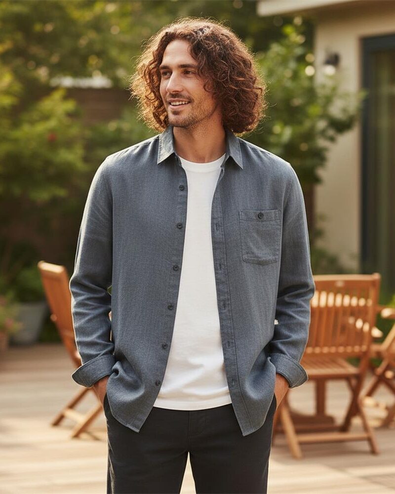 Mens Loose Linen Long Sleeve Shirt Turn-down Breathable Stone Wash