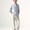 Mens Loose Linen Stripe Long Sleeve Shirt TurnDown Collar Breathable