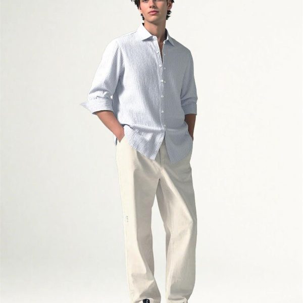 Mens Loose Linen Stripe Long Sleeve Shirt TurnDown Collar Breathable