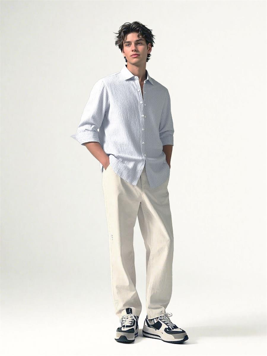 Mens Loose Linen Stripe Long Sleeve Shirt TurnDown Collar Breathable