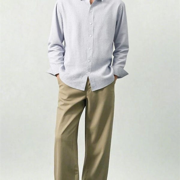 Mens Loose Linen Stripe Long Sleeve Shirt TurnDown Collar Breathable